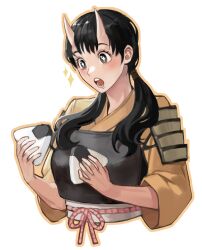 Rule 34 | 1girl, absurdres, armor, black hair, chest guard, cropped torso, drooling, drop shadow, dungeon meshi, eloj2002, food, hair over shoulder, hands up, highres, holding, holding food, horns, hungry, inutade, japanese armor, japanese clothes, kimono, long hair, long sleeves, low twintails, oni, onigiri, open mouth, robe, sash, short kimono, shoulder armor, simple background, sode, solo, sparkle, sparkling eyes, twintails, white background, yellow kimono