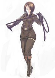 Rule 34 | 1girl, belt buckle, black gloves, boots, breasts, brown eyes, brown hair, buckle, gloves, highres, johan (johan13), military, military uniform, revision, short hair, simple background, small breasts, snk, solo, the king of fighters, uniform, whip, whip (kof)