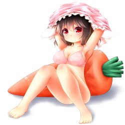 Rule 34 | 1girl, animal ears, animal print, armpits, bad feet, barefoot, bottomless, bra, breasts, brown hair, rabbit, rabbit ears, carrot, cleavage, feet, female focus, highres, inaba tewi, large breasts, lingerie, red eyes, rena (riries), smile, solo, toes, touhou, underwear, underwear only, undressing