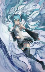 Rule 34 | 1girl, :d, absurdres, armpit peek, belt, black skirt, black sleeves, black thighhighs, blue eyes, blue hair, blue necktie, blush, boots, breast pocket, collared shirt, detached sleeves, floating hair, frilled shirt, frills, full body, hair between eyes, hatsune miku, highres, kawasuru (15miclon), long hair, looking at viewer, loose belt, necktie, number tattoo, open mouth, pleated skirt, pocket, shirt, sidelocks, skirt, sleeveless, sleeveless shirt, smile, solo, tattoo, teeth, thigh boots, thighhighs, tie clip, twintails, upper teeth only, v-shaped eyebrows, very long hair, vocaloid, water, white background, white shirt