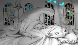 Rule 34 | apple, bug, butterfly, closed eyes, fruit, indoors, bug, lying, mermaid, monster girl, no humans, on bed, on side, original, parallela66, partially colored, pillow, scales, stained glass