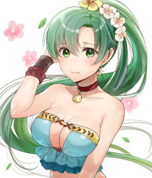 Rule 34 | 1girl, asymmetrical bangs, bare arms, bare shoulders, bikini, blue bikini, blush, breasts, choker, cleavage, cleavage cutout, closed mouth, clothing cutout, collarbone, commentary request, earrings, eyebrows hidden by hair, eyes visible through hair, fire emblem, fire emblem: the blazing blade, fire emblem heroes, floral background, flower, frilled bikini, frills, green eyes, green hair, hair between eyes, hair flower, hair ornament, hand up, haru (nakajou-28), highres, jewelry, large breasts, long hair, looking at viewer, lyn (fire emblem), lyn (summer) (fire emblem), neck, necklace, nintendo, official alternate costume, pink flower, ponytail, red choker, smile, solo, strapless, strapless bikini, swimsuit, upper body, very long hair, white background, white flower, wristband, yellow flower