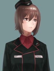 Rule 34 | 10s, 1girl, amino (tn7135), bad id, bad pixiv id, black hat, black jacket, breasts, brown eyes, brown hair, closed mouth, collared shirt, frown, garrison cap, girls und panzer, hair between eyes, hat, jacket, looking away, nishizumi maho, pink lips, red eyes, red shirt, shirt, short hair, simple background, small breasts, solo, upper body