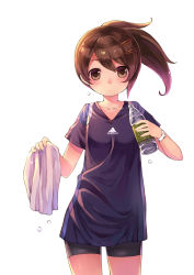 Rule 34 | 1girl, absurdres, adidas, bike shorts, bottle, brown hair, hair ornament, hairclip, highres, jersey, ponytail, shirt, simple background, solo, towel, tsubasa tsubasa, watch, water bottle, white background, wristwatch