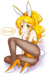 Rule 34 | 10s, 1girl, alternate costume, animal ears, arm support, armpits, ass, back-seamed legwear, bare shoulders, black pantyhose, blonde hair, blush, bow, breasts, cleavage, closed mouth, crotch, cure honey, detached collar, earrings, eyebrows, fake animal ears, fake tail, from side, full body, hair bow, hand up, happinesscharge precure!, high heels, high ponytail, highres, jewelry, jpeg artifacts, kazuma muramasa, knee up, legs, leotard, light smile, long hair, looking at viewer, medium breasts, motion lines, oomori yuuko, orange bow, orange eyes, orange footwear, pantyhose, parted bangs, playboy bunny, ponytail, precure, pun, rabbit ears, rabbit tail, seamed legwear, shadow, shoes, sidelocks, simple background, solo, speech bubble, spread legs, strapless, strapless leotard, tail, tail wagging, translated, wavy hair, white background, wrist cuffs, yellow eyes