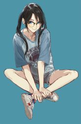 Rule 34 | 1girl, black hair, blue background, blue eyes, glasses, highres, idolmaster, idolmaster shiny colors, long hair, looking at viewer, mitsumine yuika, rr (suisse200), shirt, shorts, simple background, sitting, solo, spread legs, t-shirt, torn clothes, twintails