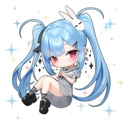 Rule 34 | 1girl, :o, absurdres, bandaid, bandaid on knee, bandaid on leg, black bow, black footwear, blue hair, blush, bow, rabbit hair ornament, chibi, commentary, dress, ear piercing, frilled sailor collar, frills, full body, grey dress, hair bow, hair ornament, hairclip, highres, knees together feet apart, loafers, long hair, long sleeves, original, parted lips, piercing, platform footwear, puffy long sleeves, puffy sleeves, sailor collar, sailor dress, shoes, simple background, socks, solo, sparkle, steepled fingers, symbol-only commentary, tsukiman, twintails, very long hair, white background, white sailor collar