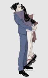 Rule 34 | 1boy, 1girl, ace attorney, arms around neck, bare legs, barefoot, black hair, blazer, blue jacket, blue pants, blue suit, carrying, closed eyes, forehead, formal, from side, full body, grey background, hair slicked back, hands up, height difference, hetero, highres, hug, jacket, long hair, long sleeves, low-tied long hair, maya fey, miniskirt, omen hohoho, open mouth, pants, phoenix wright, platform footwear, profile, sandals, shoes, sidelocks, signature, simple background, skirt, standing, suit, zouri