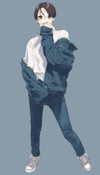 Rule 34 | 1girl, absurdres, black hair, blue background, blue jacket, blue pants, full body, grey footwear, highres, jacket, mask, mask pull, mouth mask, original, pants, shadow, shirt, shoes, short hair, simple background, sleeves past wrists, solo, standing, un (un0044), white mask, white shirt