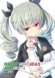 Rule 34 | 1girl, anchovy (girls und panzer), anzio school uniform, black cape, black necktie, black ribbon, blush, buchikaki, cape, character name, clenched hand, closed mouth, commentary, dated, dress shirt, drill hair, dutch angle, english text, flag print, frown, girls und panzer, green hair, hair ribbon, half-closed eyes, hand in own hair, happy birthday, holding, holding riding crop, italian flag, long hair, long sleeves, looking at viewer, necktie, red eyes, ribbon, riding crop, school uniform, shirt, simple background, solo, twin drills, twintails, twitter username, white background, white shirt