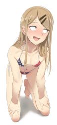 Rule 34 | 10s, 1girl, american flag bikini, american flag print, barefoot, bikini, blonde hair, blush, breasts, brown eyes, collarbone, constricted pupils, dagashi kashi, ear piercing, endou saya, fang, flag print, full-face blush, full body, hair ornament, hairclip, hands on own thighs, kneeling, long hair, looking to the side, namidate, navel, nervous sweating, panties, piercing, print bikini, side-tie panties, simple background, small breasts, solo, sweat, swimsuit, underwear, white background