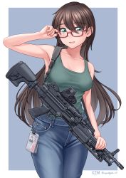 Rule 34 | absurdres, blush, breasts, brown hair, collarbone, contrapposto, denim, eotech, fn minimi, glasses, green eyes, gun, highres, id card, jeans, kzm (sub-moa works), light machine gun, long hair, looking at viewer, machine gun, medium breasts, original, pants, reflex sight, signature, simple background, smile, squad automatic weapon, tank top, weapon