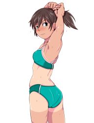 Rule 34 | 1girl, armpits, arms behind head, arms up, ass, back, black eyes, blue buruma, blue sports bra, brown hair, buruma, closed mouth, commentary request, cowboy shot, freckles, from behind, frown, highres, looking at viewer, looking back, original, pantylines, short ponytail, simple background, solo, sports bikini, sports bra, standing, stretching, sweat, tan, tanaka rikimaru, tanline, track and field, white background