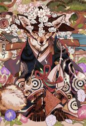 Rule 34 | absurdres, ajirogasa, animal, animal focus, bead bracelet, beads, blue kimono, bracelet, brown hat, clothed animal, ears through headwear, flower, fox, full body, hat, hat flower, highres, japanese clothes, jewelry, kimono, kiseru, lantern, looking at viewer, mouth hold, no humans, obi, obijime, original, sash, sitting, slit pupils, smoking pipe, solo, tassel, tonbippo08, tree, white eyes, white flower