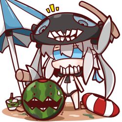 Rule 34 | 10s, 1girl, abyssal ship, blindfold, chibi, dual wielding, escort fortress (kancolle), food, food print, fruit, highres, holding, innertube, kantai collection, looking down, monster, nuu (nu-nyu), open mouth, paint can, paintbrush, solo, suikawari, sweatdrop, swim ring, trembling, umbrella, watermelon, wo-class aircraft carrier