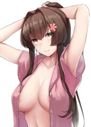 Rule 34 | 1girl, absurdres, areola slip, blush, breasts, brown eyes, brown hair, buttons, closed mouth, flower, hair between eyes, hair flower, hair ornament, highres, kantai collection, kiritto, large breasts, long hair, looking at viewer, open clothes, open shirt, pink flower, pink shirt, shirt, short sleeves, simple background, solo, upper body, very long hair, white background, yamato (kancolle)
