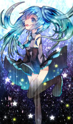 1girl aqua_eyes aqua_hair bad_id bad_pixiv_id detached_sleeves female_focus hatsune_miku long_hair necktie open_mouth skirt solo taru taru_(sougoubunnka) thighhighs twintails very_long_hair vocaloid