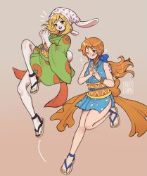 Rule 34 | 2girls, animal ears, arm tattoo, ayat chan, blonde hair, blue bow, blue kimono, bow, bracelet, carrot (one piece), carrot (one piece) (wano), commentary, earrings, floating, green kimono, hair bow, head scarf, highres, japanese clothes, jewelry, kimono, log pose, low ponytail, multiple girls, nami (one piece), nami (one piece) (wano), notice lines, obi, one eye closed, one piece, orange eyes, orange hair, orange sash, ponytail, rabbit ears, rabbit girl, sandals, sash, short kimono, shoulder tattoo, sidelocks, simple background, smile, tattoo, tongue, tongue out, vegetable print