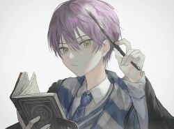 Rule 34 | 1boy, book, collared shirt, commentary request, formal, green eyes, hair between eyes, harry potter (series), jacket, kenmochi touya, kumagai yuka, long sleeves, male focus, necktie, nijisanji, open mouth, purple hair, reading, robe, shirt, simple background, solo, virtual youtuber, wand, white background, wizard, wizarding world
