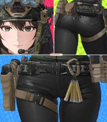 Rule 34 | 1girl, ass, black pants, blue background, brown eyes, brown hair, camouflage, close-up, combat helmet, dgkamikaze, expressionless, girls&#039; frontline, green background, helmet, highres, holster, looking at viewer, m4a1 (girls&#039; frontline), multicolored hair, multiple views, pants, pink background, solo, streaked hair, thigh holster, thighs, woodland camouflage