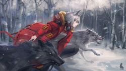 Rule 34 | 1girl, absurdres, animal, animal ears, arknights, artist logo, artist name, bare tree, coat, commentary, cowboy shot, day, fur-trimmed hood, fur trim, grey hair, grey shirt, hair between eyes, highres, holding, hood, hood down, hooded coat, long sleeves, mask, mask around neck, miaosu, mouth hold, open clothes, open coat, open mouth, outdoors, projekt red (arknights), red coat, running, shirt, snow, snowing, solo, tree, winter, wolf ears, yellow eyes