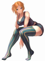 Rule 34 | 1girl, absurdres, ap cammy, blonde hair, blue eyes, blue socks, blue thighhighs, capcom, final fight, final fight 3, freckles, highres, lucia morgan, shorts, sitting, socks, street fighter, street fighter v, striped clothes, striped thighhighs, tank top, thighhighs, thighs, vertical-striped clothes, vertical-striped thighhighs