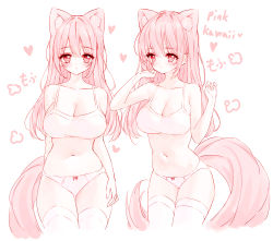Rule 34 | 1girl, absurdres, animal ear fluff, animal ears, bare arms, bare shoulders, blush, bow, bow panties, closed mouth, collarbone, commentary request, english text, hair between eyes, heart, highres, long hair, looking at viewer, multiple views, original, panties, pink hair, red eyes, romaji text, simple background, smile, tail, tandohark, thighhighs, underwear, underwear only, white background, white panties, white thighhighs