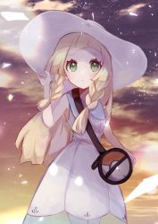 Rule 34 | 1girl, bad id, bad twitter id, bag, bare arms, blonde hair, blush, braid, commentary request, creatures (company), dress, duffel bag, eyelashes, game freak, green eyes, hand on headwear, hand up, hat, highres, lillie (pokemon), long hair, nintendo, outdoors, pokemon, pokemon sm, sarasouzyu0705, see-through, sleeveless, sleeveless dress, solo, twin braids, white dress, white hat