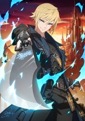 Rule 34 | 1other, androgynous, arm at side, arm up, armor, warrior of light (ff14), blonde hair, blue eyes, blue fire, breastplate, castle, cloud, coat, collared coat, commission, dark.h, dated, earrings, fictional persona, final fantasy, final fantasy xiv, fingerless gloves, fire, foreshortening, gloves, gun, gunblade, gunbreaker (final fantasy), holding, holding gun, holding sword, holding weapon, hyur, jewelry, open clothes, open coat, pants, scar, short hair, sidelocks, signature, single earring, sky, smirk, sword, trigger discipline, tsurime, twilight, upper body, weapon