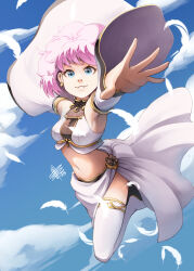 Rule 34 | 1girl, belt collar, blue eyes, chest harness, cloud, cloudy sky, collar, falling, feathers, harness, highres, long sleeves, mateus upd, pink hair, rance (series), sill plain, sky