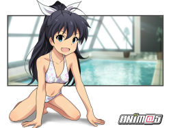 Rule 34 | 1girl, bikini, black hair, blue eyes, ganaha hibiki, high ponytail, idolmaster, idolmaster (classic), long hair, outside border, ponytail, rei no pool, ryunnu, solo, swimsuit