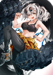 Rule 34 | 1girl, :d, absurdres, animal ears, arknights, bare arms, bare shoulders, black hair, black pants, breasts, clenched hand, commentary request, crop top, eyewear on head, feater (arknights), feater (dojo star) (arknights), fighting stance, hand up, highres, jumbowhopper, knee up, large breasts, leggings, looking at viewer, midriff, multicolored hair, navel, official alternate costume, open mouth, orange eyes, panda ears, pants, shoes, short hair, silver hair, smile, sneakers, solo, sports bra, stomach, streaked hair, sunglasses, thighs, twintails