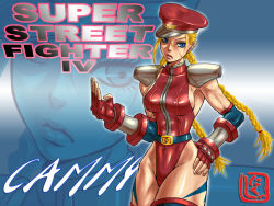 Rule 34 | 1girl, alternate costume, blonde hair, blue eyes, braid, breasts, cammy white, camouflage, capcom, cosplay, elbow gloves, fingerless gloves, gloves, hand on own hip, hat, impossible clothes, leotard, lips, long hair, looking at viewer, m. bison, m bison (cosplay), medium breasts, muscular, nikuji-kun, peaked cap, red leotard, scar, shoulder pads, sideboob, solo, street fighter, street fighter iv (series), thick thighs, thighhighs, thighs, twin braids, zoom layer
