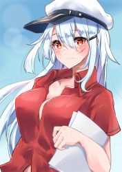 Rule 34 | 1girl, absurdres, blue sky, breasts, cloud, collarbone, gangut (kancolle), hat, highres, kantai collection, komb, long hair, medium breasts, open clothes, paper, peaked cap, red eyes, red shirt, scar, scar on face, shirt, short sleeves, silver hair, sky, solo, white hat