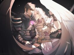 Rule 34 | 2boys, absurdres, angel wings, black background, body armor, brown hair, character request, copyright request, hand grab, highres, knight, light particles, male focus, medium hair, multiple boys, raininmoradain, short hair, simple background, single arm hug, upper body, white hair, wings, yaoi