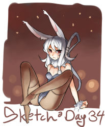 Rule 34 | 10s, 1girl, 2011, animal ears, bare shoulders, breasts, character request, eu03, fake animal ears, leotard, original, pantyhose, playboy bunny, rabbit ears, red eyes, sidelocks, sitting, solo, strapless, white hair