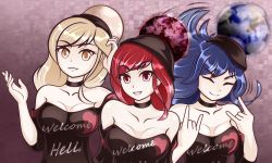 Rule 34 | 3girls, bare shoulders, black choker, black shirt, blonde hair, blue eyes, blue hair, breasts, cafeier, chain, choker, closed eyes, closed mouth, clothes writing, earth (planet), hand up, head scarf, heart, hecatia lapislazuli, hecatia lapislazuli (earth), hecatia lapislazuli (moon), highres, long hair, looking at viewer, medium breasts, moon, moon (ornament), multiple girls, \\n/, open mouth, planet, red eyes, red hair, shirt, smile, standing, t-shirt, touhou, upper body, yellow eyes