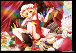 Rule 34 | 1girl, ascot, bad id, bad pixiv id, blonde hair, cake, candy, cream puff, crystal, female focus, flandre scarlet, food, fruit, hat, hat ribbon, lollipop, puffy sleeves, red eyes, ribbon, ryuushou, short sleeves, side ponytail, sitting, solo, strawberry, sweets, tongue, touhou, wings
