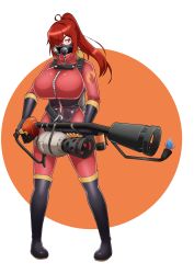 Rule 34 | 1girl, absurdres, ahoge, black footwear, black gloves, bodysuit, boots, breasts, flamethrower, full body, gas mask, genderswap, genderswap (otf), gloves, hair over one eye, highres, holding, holding weapon, knee boots, large breasts, long hair, looking at viewer, mask, orange background, ponytail, pyro (tf2), red bodysuit, red eyes, red hair, red pyro (tf2), solo, standing, team fortress 2, transparent background, two-tone background, weapon, white background, ysui0000