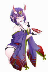 Rule 34 | 1girl, alcohol, bare shoulders, blush, bob cut, breasts, bridal gauntlets, collarbone, cup, earrings, eyeliner, fang, fate/grand order, fate (series), headpiece, highres, horns, japanese clothes, jewelry, kimono, long sleeves, looking at viewer, makeup, off shoulder, one eye closed, oni, open mouth, pointy ears, purple eyes, purple hair, purple kimono, raicyou7, revealing clothes, sakazuki, sake, sash, short hair, short kimono, shuten douji (fate), simple background, skin-covered horns, small breasts, smile, white background, wide sleeves