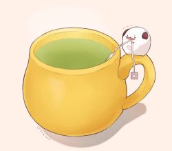 Rule 34 | 7mb yut, animal, animal focus, artist name, commentary, cup, facial hair, green tea, heart, horns, league of legends, mug, mustache, no humans, poro (league of legends), pulling, shadow, simple background, standing, tea, teabag, teacup, tongue, tongue out, white background