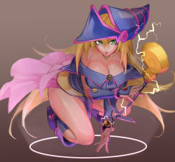 Rule 34 | 1girl, absurdres, bare shoulders, blonde hair, blue footwear, blue hat, breasts, cleavage, dark magician girl, duel monster, floating, green eyes, hat, highres, lightning, long hair, magician, parted lips, solo, staff, uedrk yamato, vambraces, yu-gi-oh!