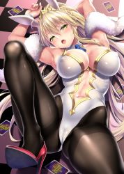 Rule 34 | 1girl, animal ears, arm up, armpits, arms behind head, arms up, artoria pendragon (all), artoria pendragon (fate), artoria pendragon (swimsuit ruler) (fate), bare shoulders, black pantyhose, blonde hair, blue neckwear, blush, braid, breasts, card, checkered floor, cleavage, clothing cutout, fake animal ears, fate/grand order, fate (series), feather boa, french braid, gluteal fold, green eyes, hair between eyes, high heels, highleg, highleg leotard, kase daiki, knee up, large breasts, leotard, looking at viewer, lying, md5 mismatch, navel, navel cutout, on back, open mouth, pantyhose, playboy bunny, playing card, ponytail, pumps, rabbit ears, resolution mismatch, shoes, sidelocks, solo, source larger, stiletto heels, sweat, thighband pantyhose, thighs, tiara, white leotard, wrist cuffs