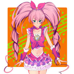 Rule 34 | 10s, 1girl, blue eyes, bow, cure melody, hair bow, heart, highres, houjou hibiki, kani get, long hair, magical girl, midriff, musical note, navel, orange background, pink hair, precure, skirt, solo, staff (music), suite precure, twintails