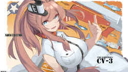 Rule 34 | 10s, 1girl, :d, aosora kamiya, arm at side, breast pocket, breasts, character name, copyright name, dress, dutch angle, flight deck, hair between eyes, huge breasts, impossible clothes, kantai collection, long hair, looking at viewer, md5 mismatch, open mouth, pocket, saratoga (kancolle), sbd dauntless, short sleeves, side ponytail, skirt, smile, smokestack, solo, striped clothes, striped skirt, tsurime, upper body, vertical-striped clothes, vertical-striped skirt, white dress