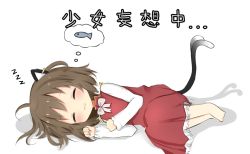 Rule 34 | 1girl, :3, animal ear fluff, animal ears, bad id, bad pixiv id, barefoot, blush, bow, bowtie, brown hair, cat ears, cat tail, chen, closed eyes, dreaming, dress, earrings, fish, forked tail, full body, gold trim, jewelry, lying, nekomata, on side, poco (zdrq3), red dress, short hair, single earring, sleeping, solo, tail, thought bubble, touhou, white bow, white bowtie