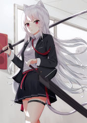 Rule 34 | 1girl, :o, absurdres, animal ears, belt, blazer, bow, cat ears, cat tail, commentary request, feet out of frame, grey hair, highres, holding, holding sword, holding weapon, jacket, katana, legs, light blush, long hair, looking at viewer, original, red belt, red bow, red eyes, scabbard, school uniform, sheath, shirt, sidelocks, skirt, solo, sword, tail, tanshio, thigh strap, thighhighs, thighs, wavy hair, weapon, white hair, white shirt, zettai ryouiki