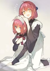 2girls :d :o apron blue_bow blue_eyes bow brown_kimono hair_bow hands_on_another&#039;s_head highres hisui_(tsukihime) japanese_clothes kimono kohaku_(tsukihime) multiple_girls na_na_yu_ta open_mouth red_bow red_hair smile tsukihime tsukihime_(remake) yellow_eyes