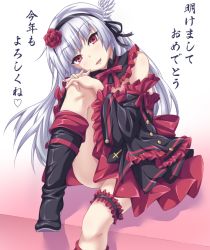 Rule 34 | 1girl, boots, feet out of frame, gothic lolita, high heel boots, high heels, knee boots, kyuutou (kyuutouryuu), leg up, lolita fashion, long hair, looking at viewer, original, red eyes, silver hair, smile, solo, thighhighs, translation request
