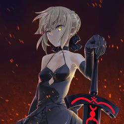 Rule 34 | 1girl, artoria pendragon (all), artoria pendragon (fate), black choker, black dress, black gloves, black ribbon, blonde hair, braid, breasts, choker, closed mouth, commentary, dark persona, dress, elbow gloves, embers, excalibur morgan (fate), fate (series), french braid, frown, gloves, hair ribbon, holding, holding sword, holding weapon, ikezawa shin, looking at viewer, ribbon, saber alter, short hair, small breasts, solo, spaghetti strap, standing, sword, upper body, weapon, yellow eyes